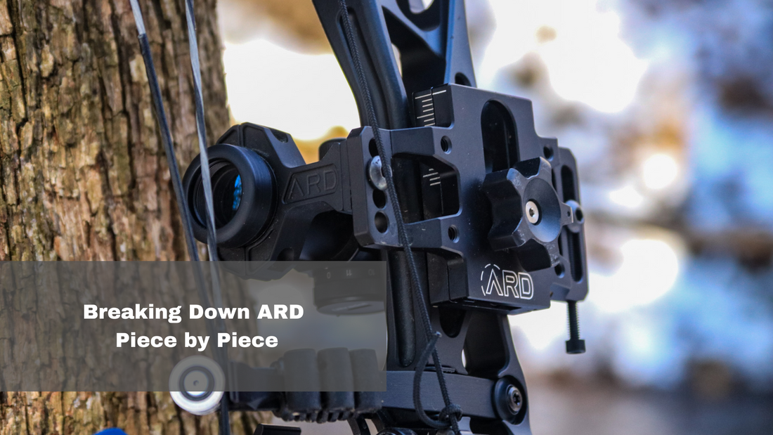 Breaking Down Adjustable Red Dot Bow Sight blog cover. The image contains a Mathews Phase 4 bow with an Elite package ARD system leaning against a tree. 