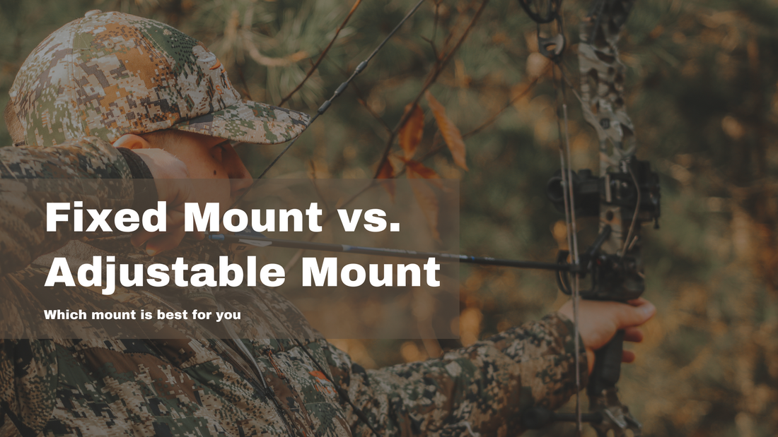 Young bowhunter using an ARD bow sight and Mathews Bow, with title of Fixed Mount vs Adjustable Mount, which is best for me written across the image. 