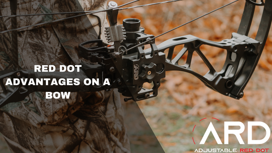 Bowtech bow with ARD bow sight on it with the words: "Red Dot Advantages on a bow" highlights over the image.