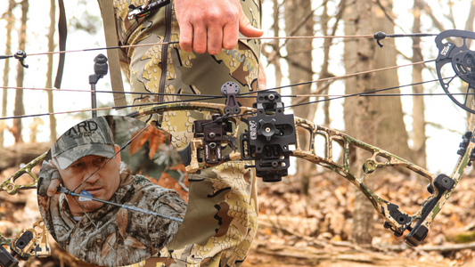 Image of adustable red dot on a Hoyt bow with an other image of an older man shooting a bow.